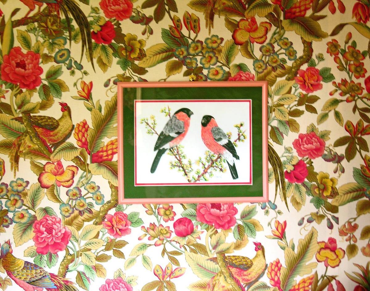 Framed painting of two bullfinches on floral chintz with birds, Oiseaux room