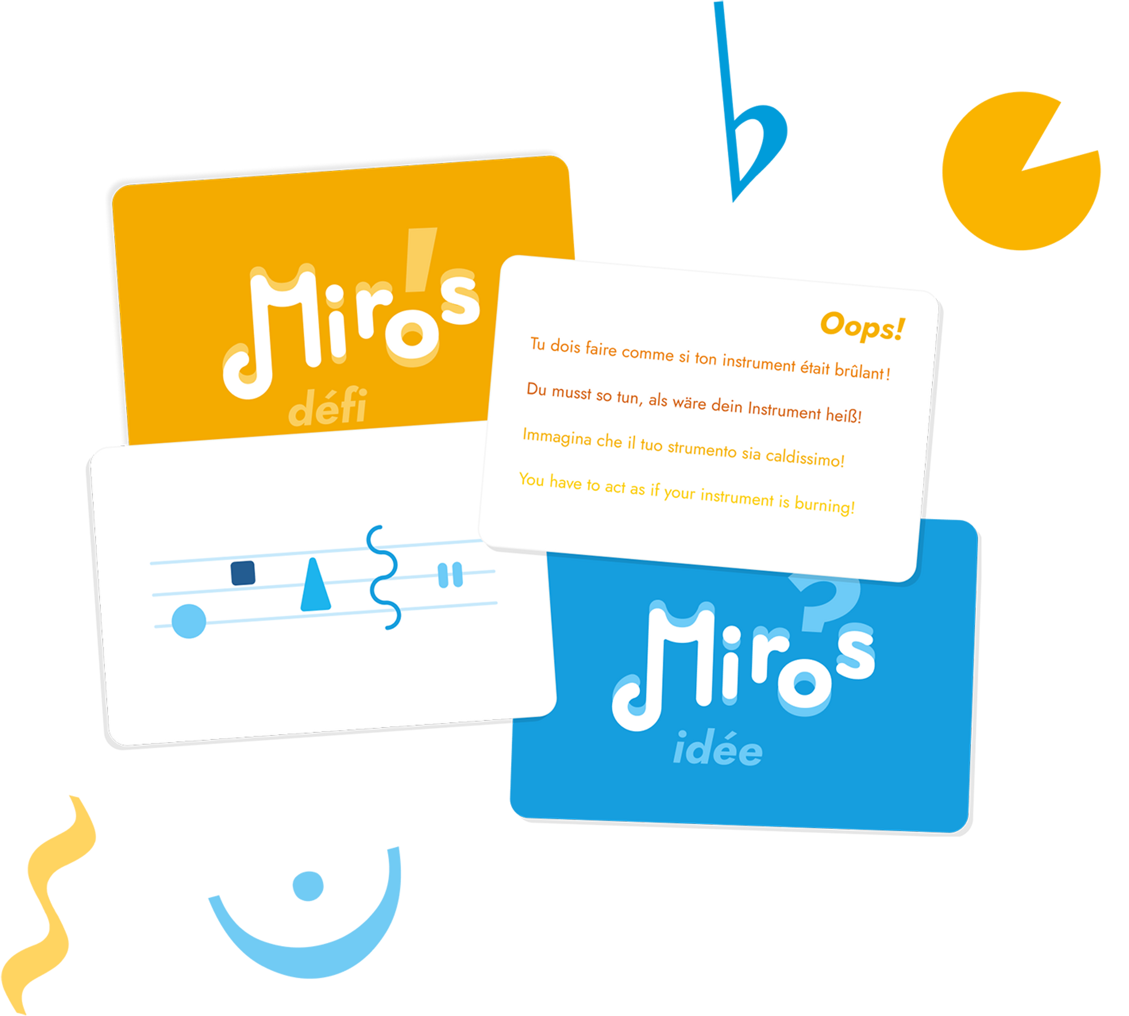 Esempio di carte del gioco Miros. Una carta Sfida: Immagina che il tuo strumento sia caldissimo! Una carta Idea che mostra una partitura musicale astratta.