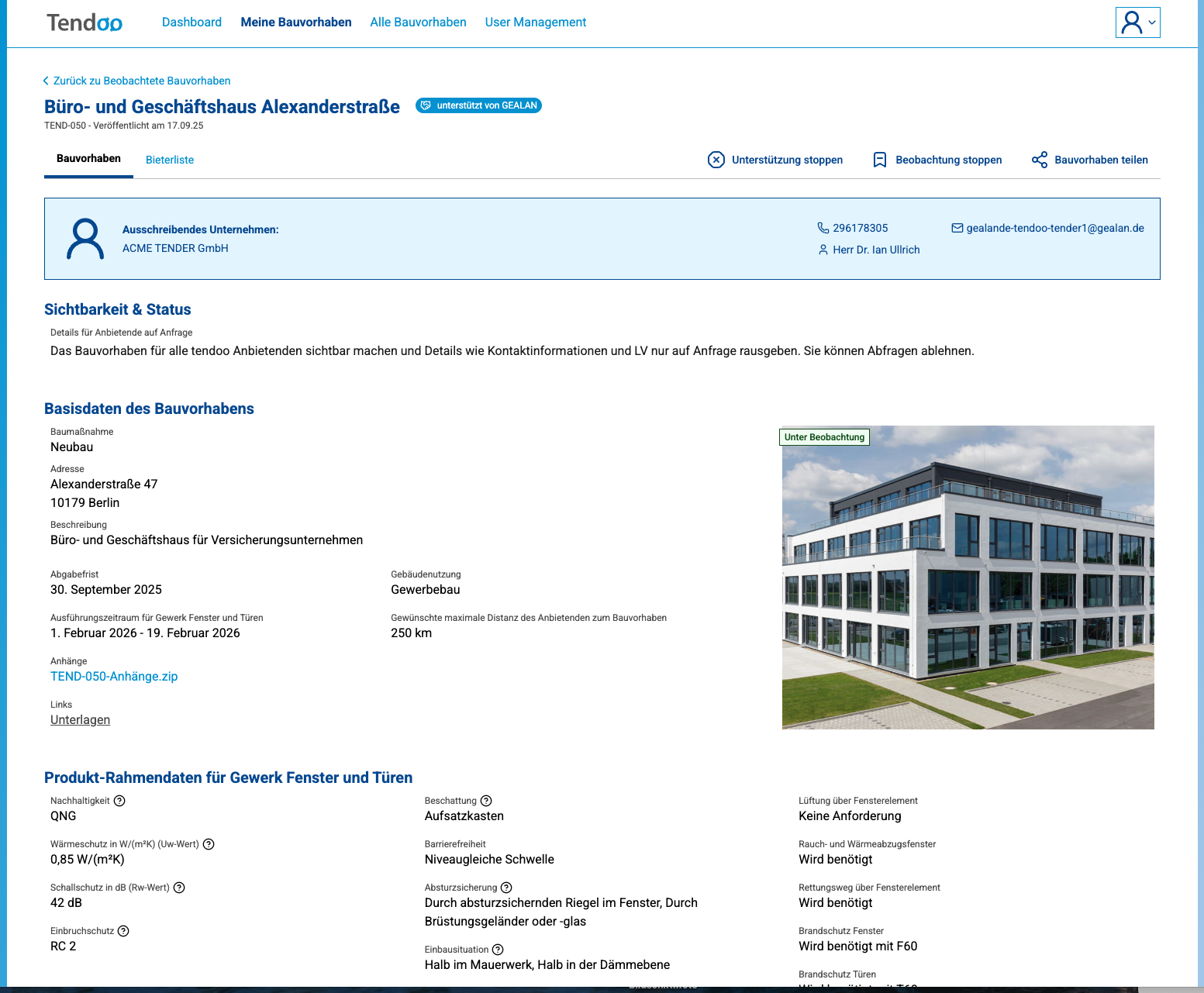 Web App Tendoo: Interface Ausschreibung