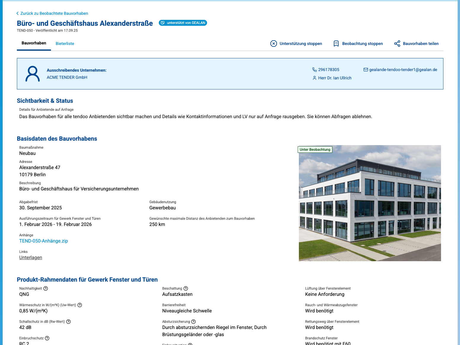 Web App Tendoo: Interface Ausschreibung