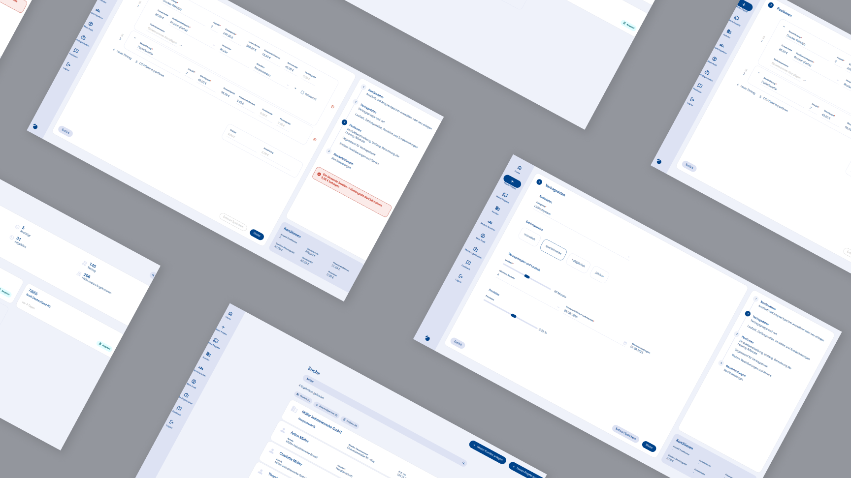 Maßgeschneiderte Websoftware für VPL Leasing: Digitale Vertragsabwicklung UI-Collage der VPL Vertragsabwicklungs-App – individuelle Webanwendung für den Leasingvertrieb