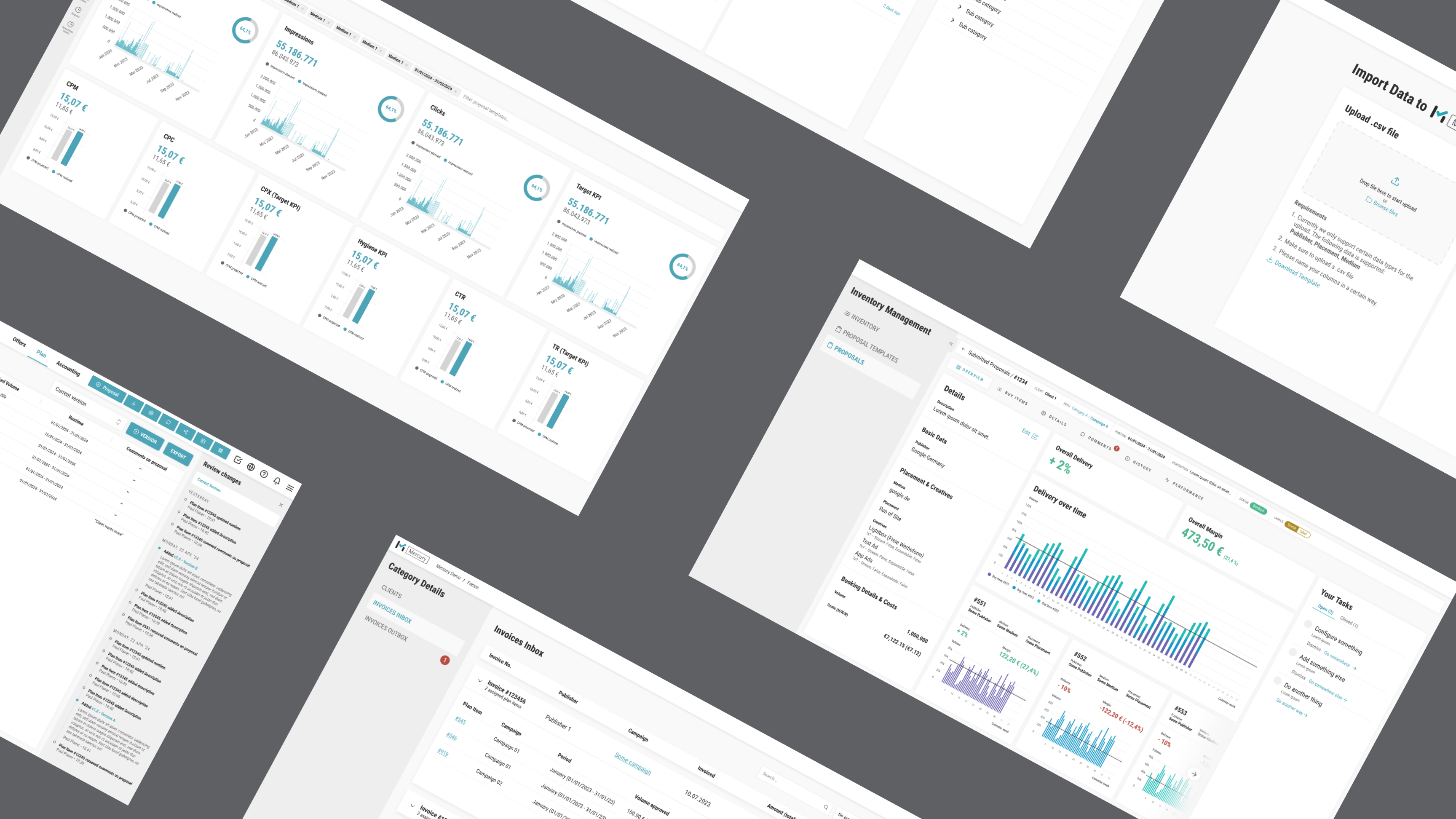 Digitale Plattform für Mercury Media: Softwarelösung für Mediaplanung & Reporting Plattform-Collage von Mercury – zentrale Anwendung für digitale Mediaplanung