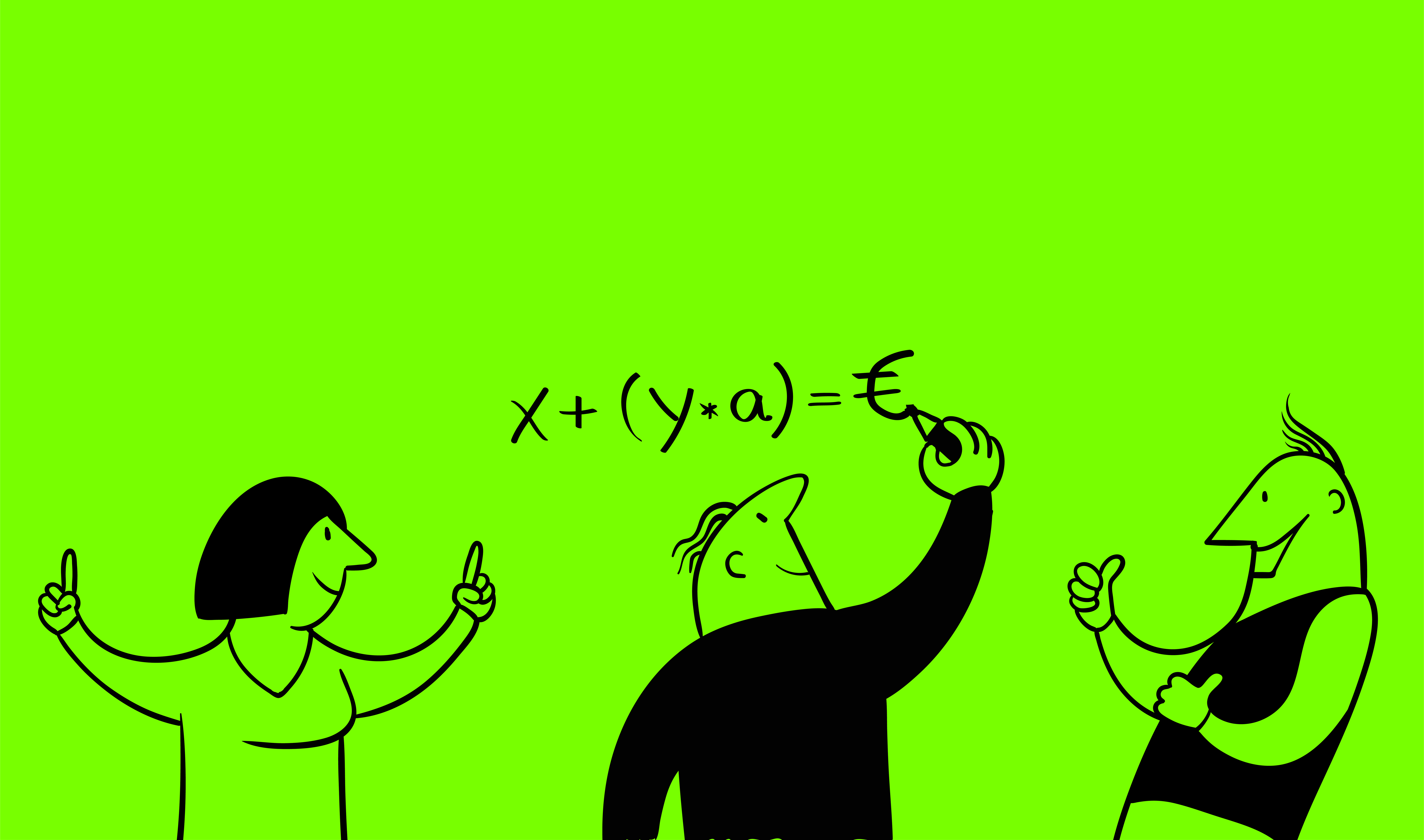 Illustration von 3 Personen. Zwei freuen sich während eine andere eine Formel an die Wand schreibt