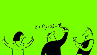 Illustration von 3 Personen. Zwei freuen sich während eine andere eine Formel an die Wand schreibt