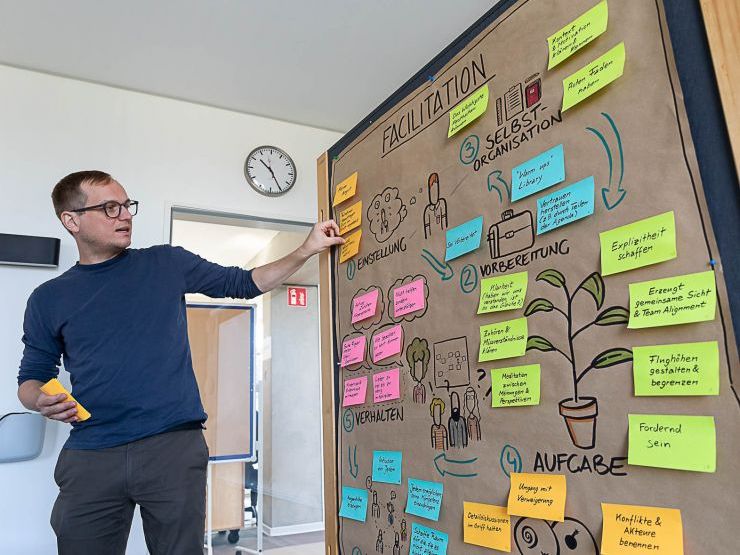 Bild eines Facilitators vor einer Pinnwand