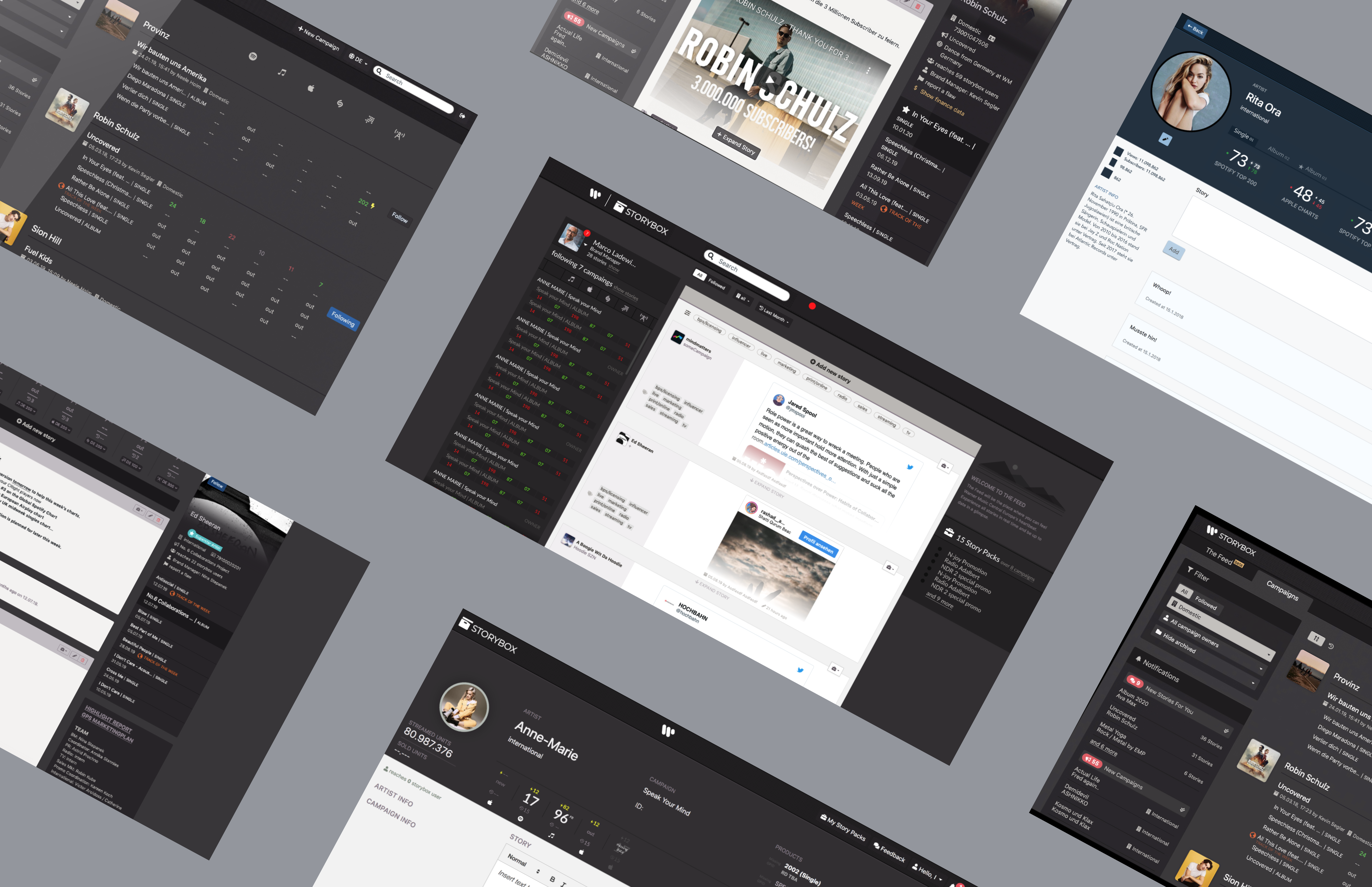 Collage der Storybox UI – datenbasierte digitale Plattform zur Kampagnenplanung für Warner Music