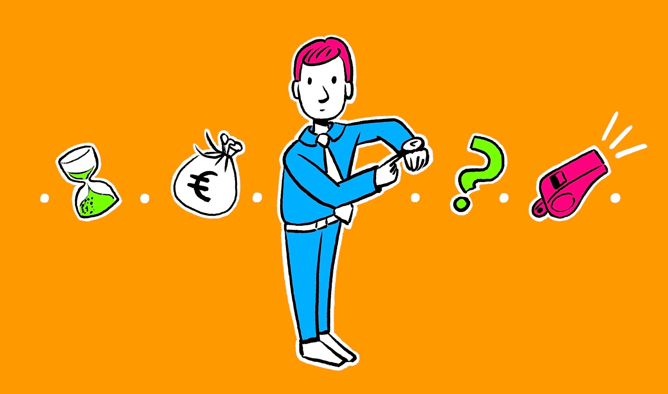 Illustration von einem Mann im blauen Anzug der auf seine Armbanduhr zeigt