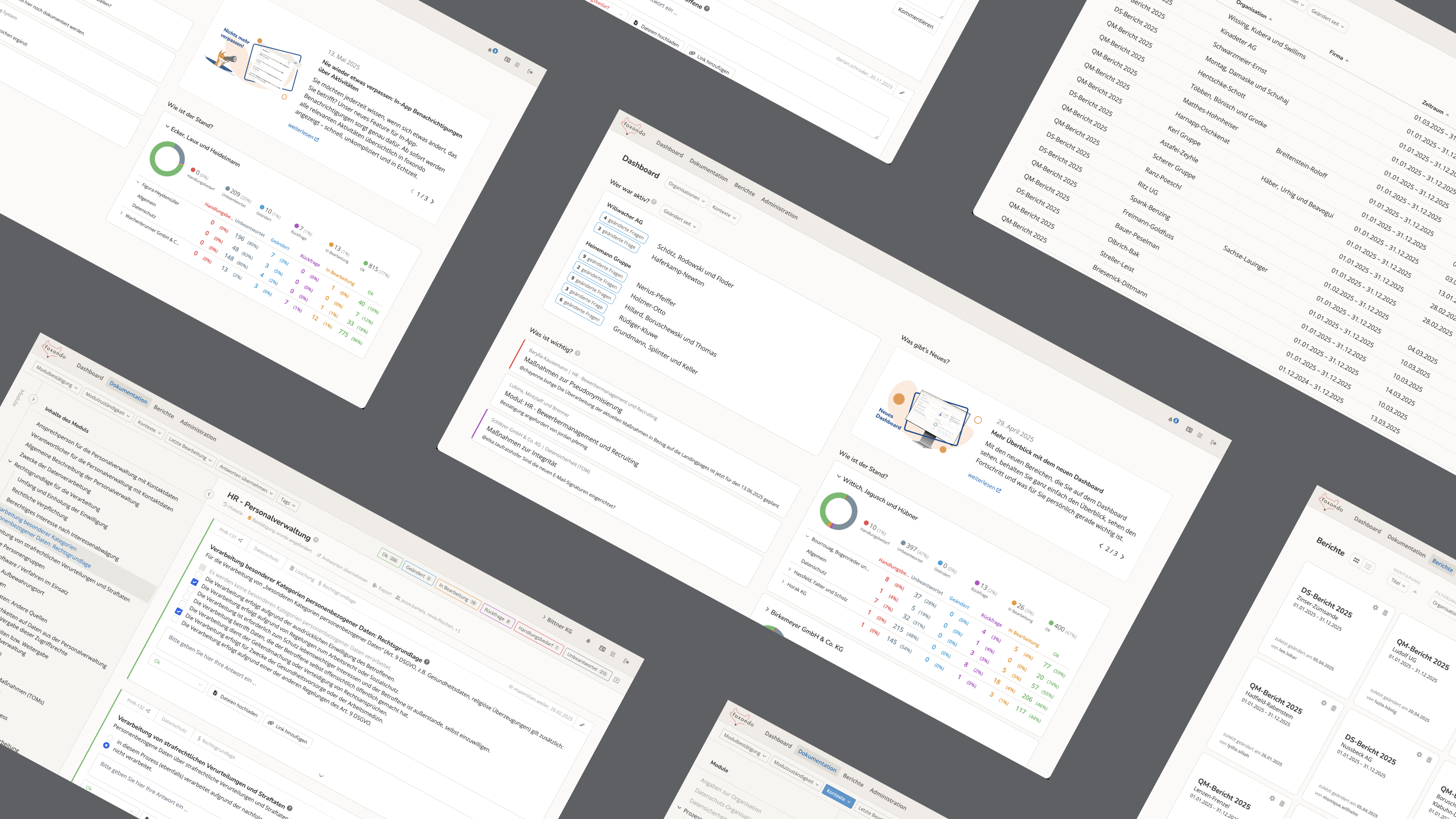 Eigene Produktentwicklung: Verständliche Datenschutzsoftware mit foxondo Collage der Benutzeroberflächen von foxondo – Produkt für Datenschutzmanagement in Unternehmen