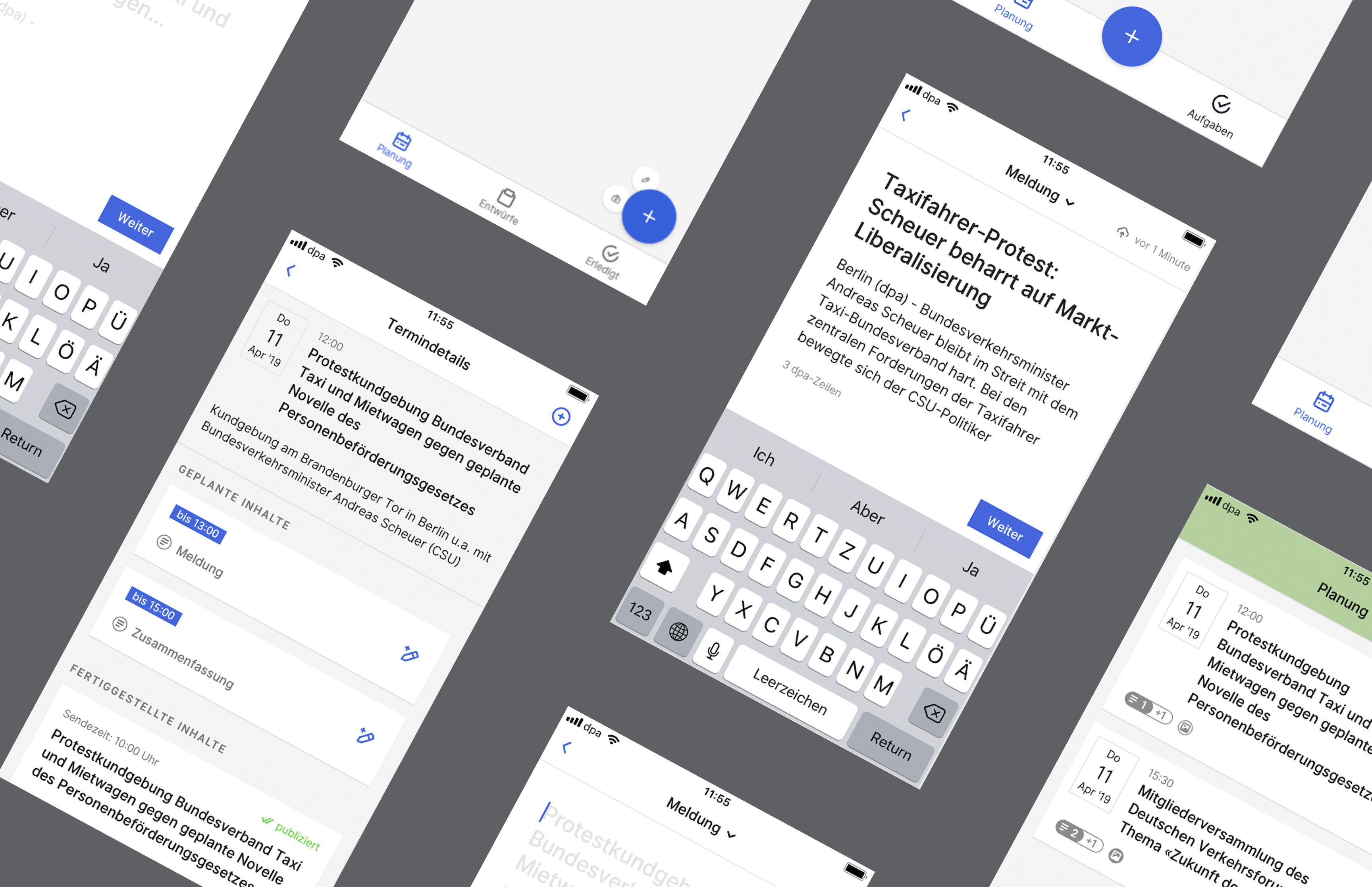 User-Interface-Collage der Reporter App – mobile Anwendung für journalistische Arbeitsprozesse