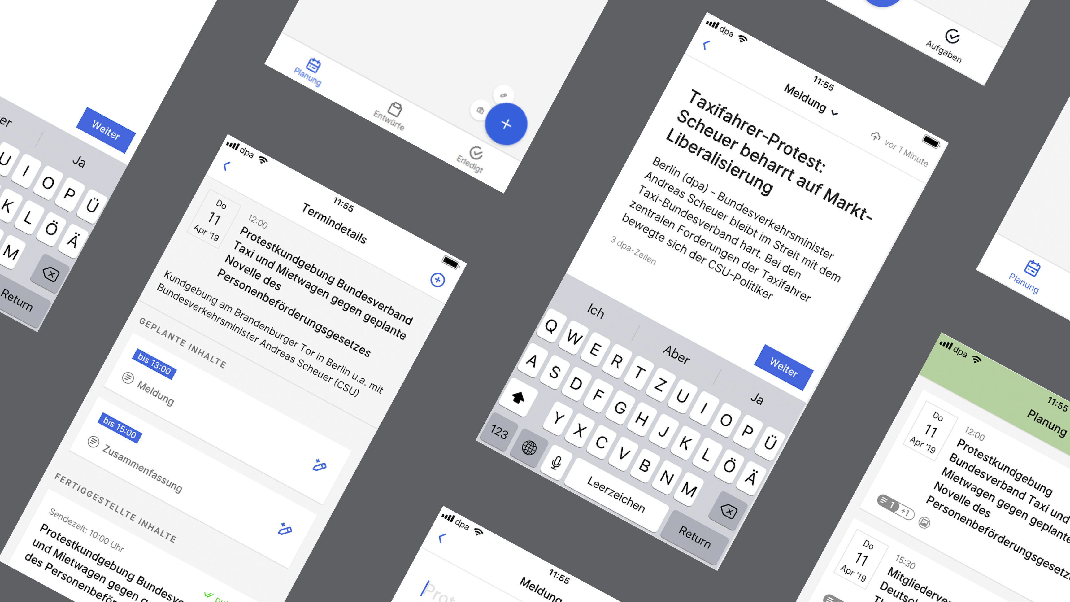 Individuelle App-Entwicklung für die dpa: Mobile Software für Reporter:innen User-Interface-Collage der Reporter App – mobile Anwendung für journalistische Arbeitsprozesse