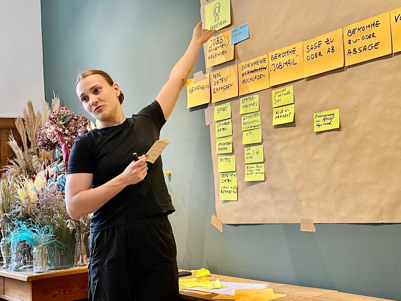 ux designerin bei mindmatters erstellt user story map an der wand, um nutzerbedürfnisse sichtbar zu machen