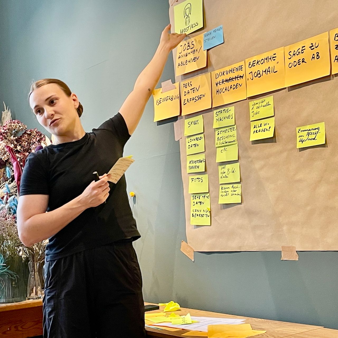 user story mapping zur nutzerzentrierten softwareentwicklung bei mindmatters ux designerin bei mindmatters erstellt user story map an der wand, um nutzerbedürfnisse sichtbar zu machen