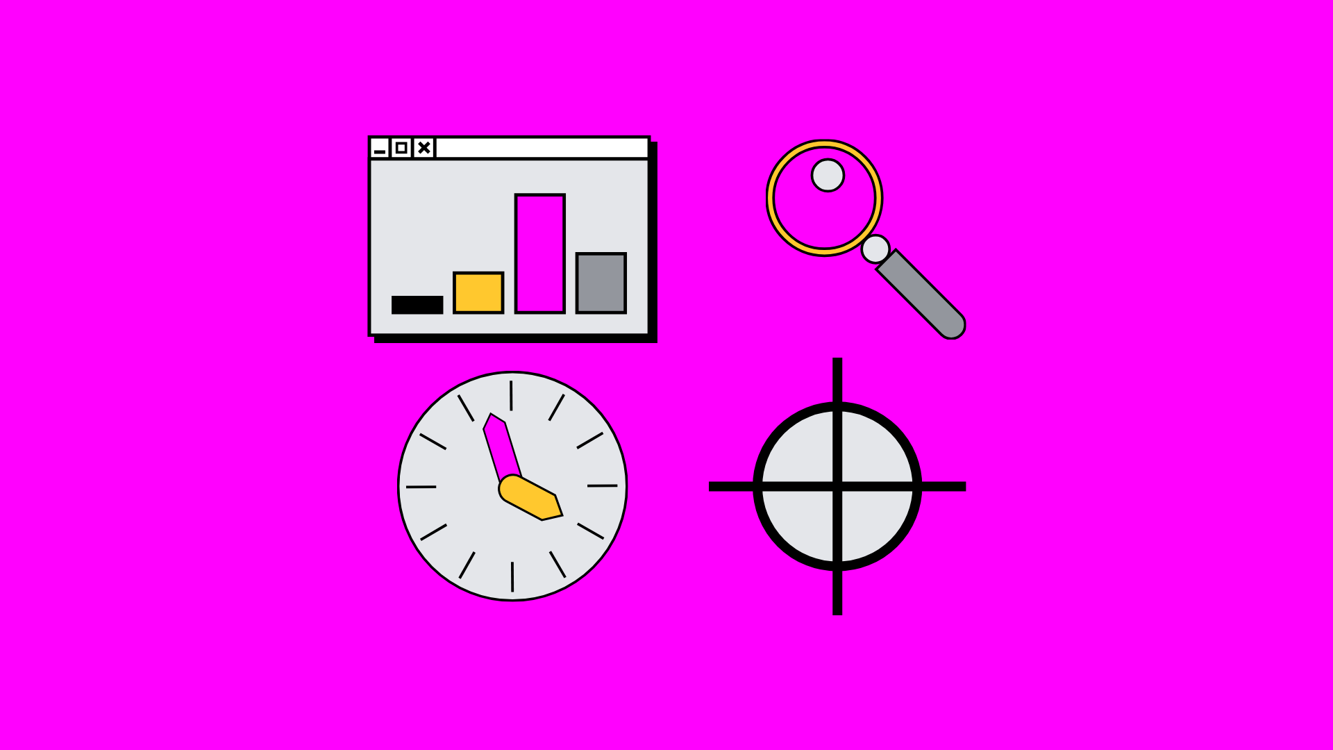 Metriken, Lupe, Uhr und Fadenkreuz als Symbole für radikale Transparenz