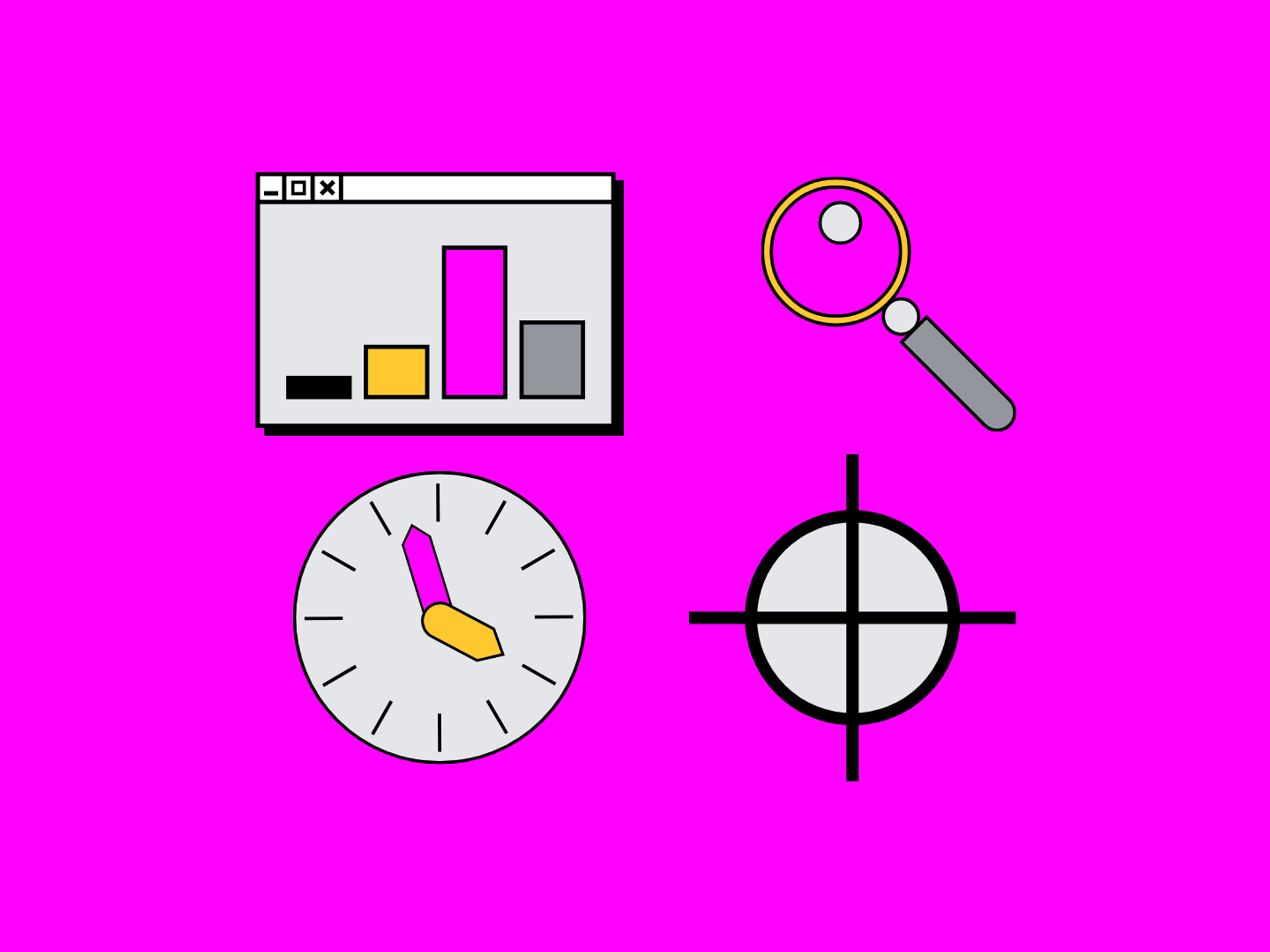 Metriken, Lupe, Uhr und Fadenkreuz als Symbole für radikale Transparenz