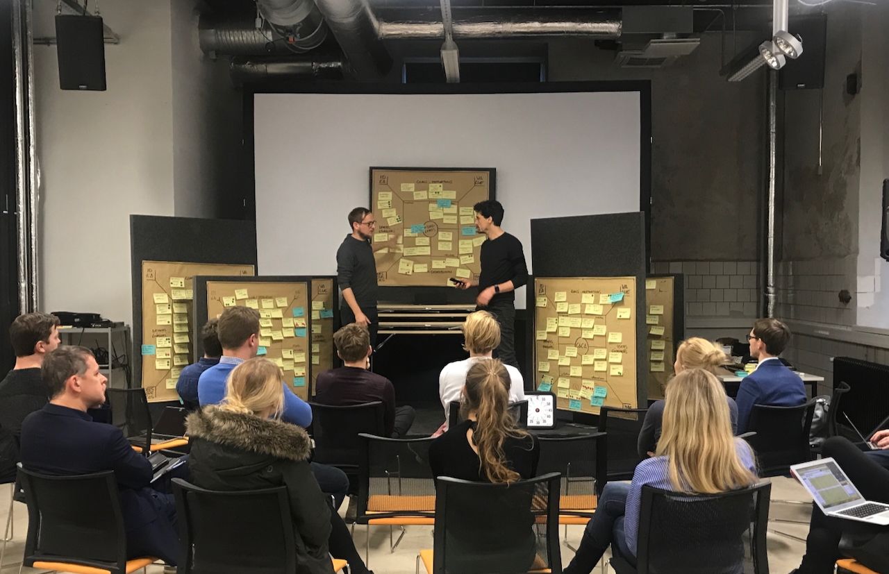 Zwei Facilitatoren moderieren einen Product Field Workshop – Innovation in agilen Produktentwicklungen