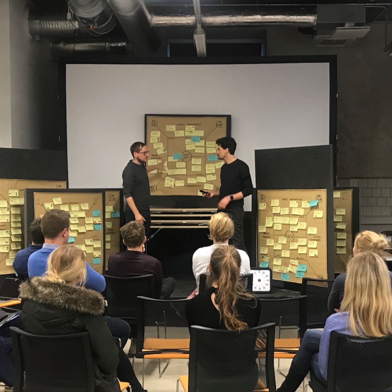 Veränderung durch digitale Produkte anstoßen – mindmatters Workshop-Moderation im Startup-Kontext Zwei Facilitatoren moderieren einen Product Field Workshop – Innovation in agilen Produktentwicklungen