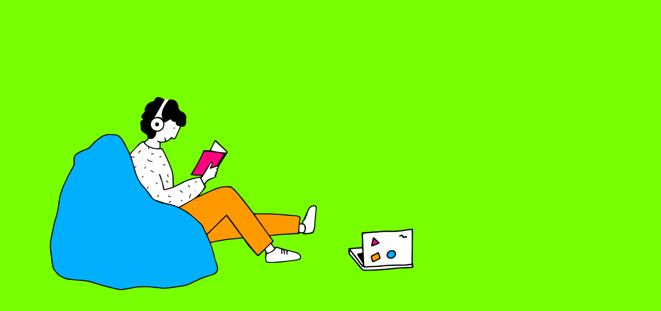 Illustration eines Mitarbeiterin beim Lesen in einem Sitzsack