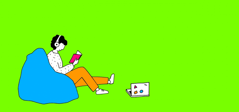 Illustration einer Mitarbeiterin beim Lesen in einem Sitzsack