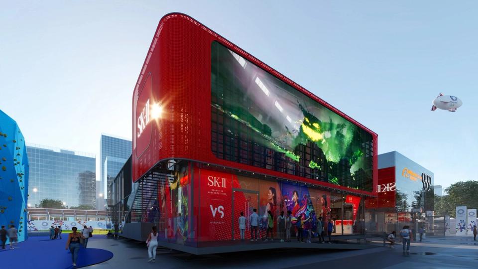 SK-II Olympics Pavilion exterior — modular frame system with semi-transparent LED visor
