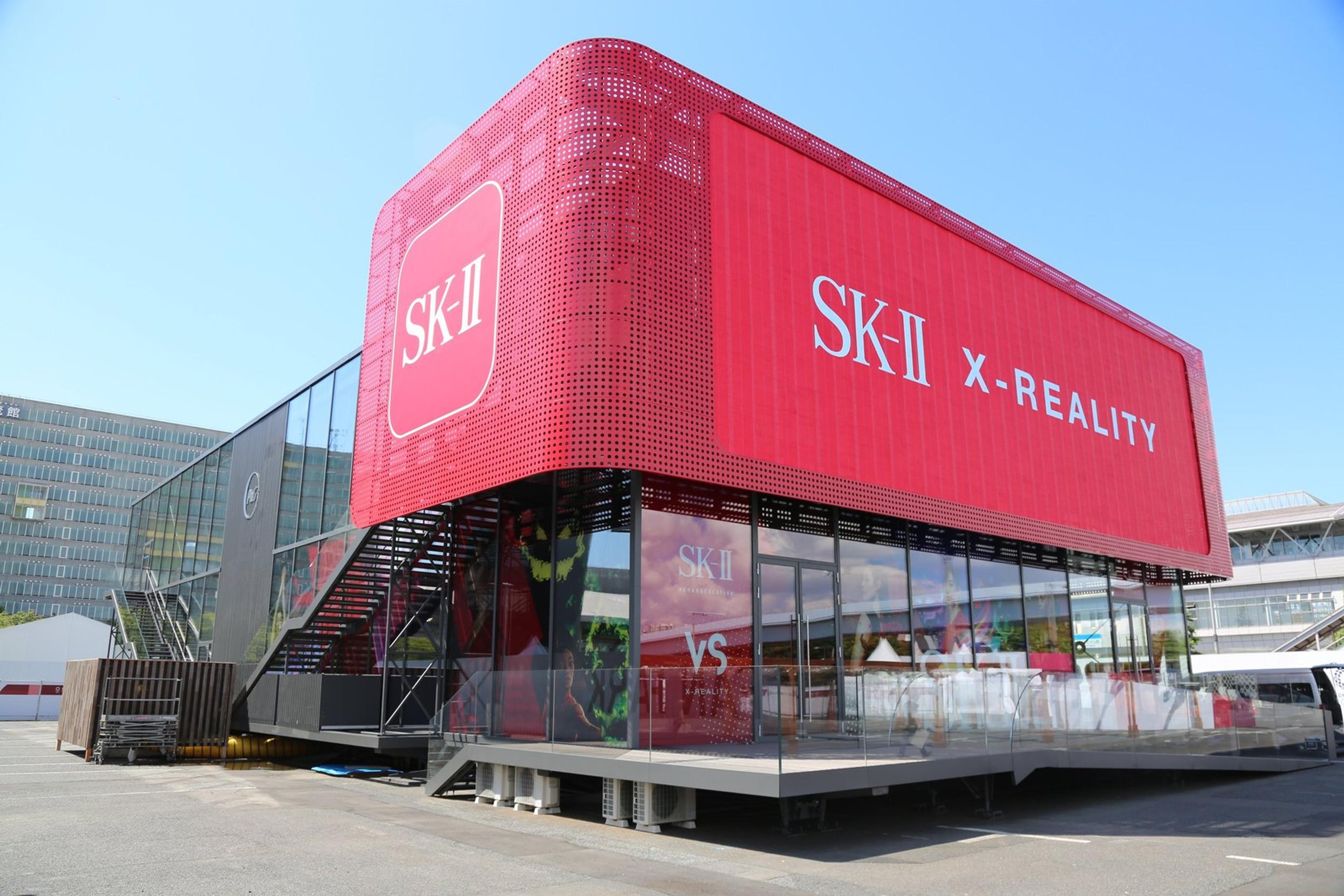 SK-II Olympics Pavilion exterior - modular frame system with semi-transparent LED visor