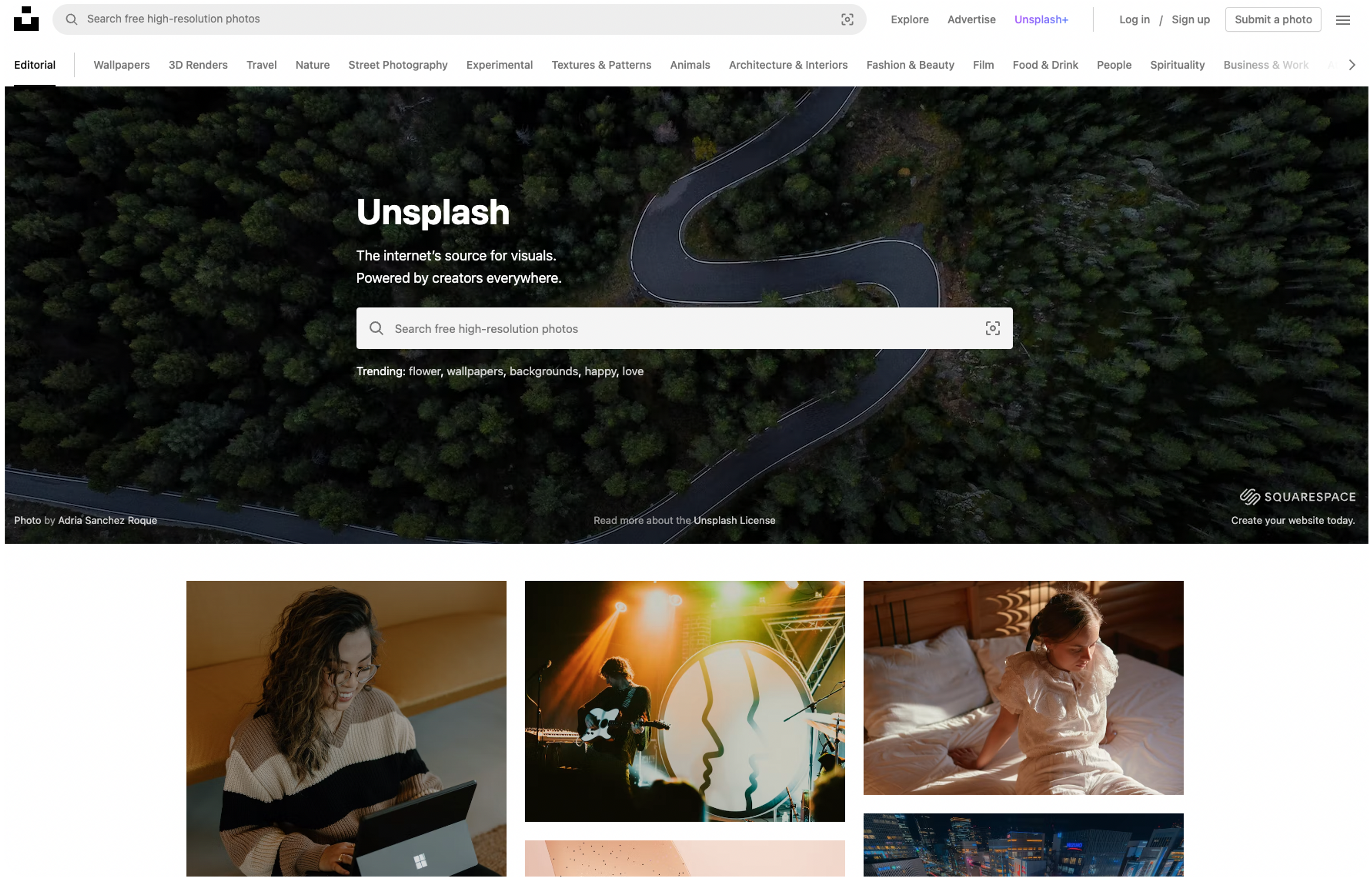 Screenshot of free image site Unsplash