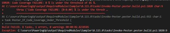 Screenshot showing the error 'Code Coverage Failure' that pop up before the treshold value of 85: