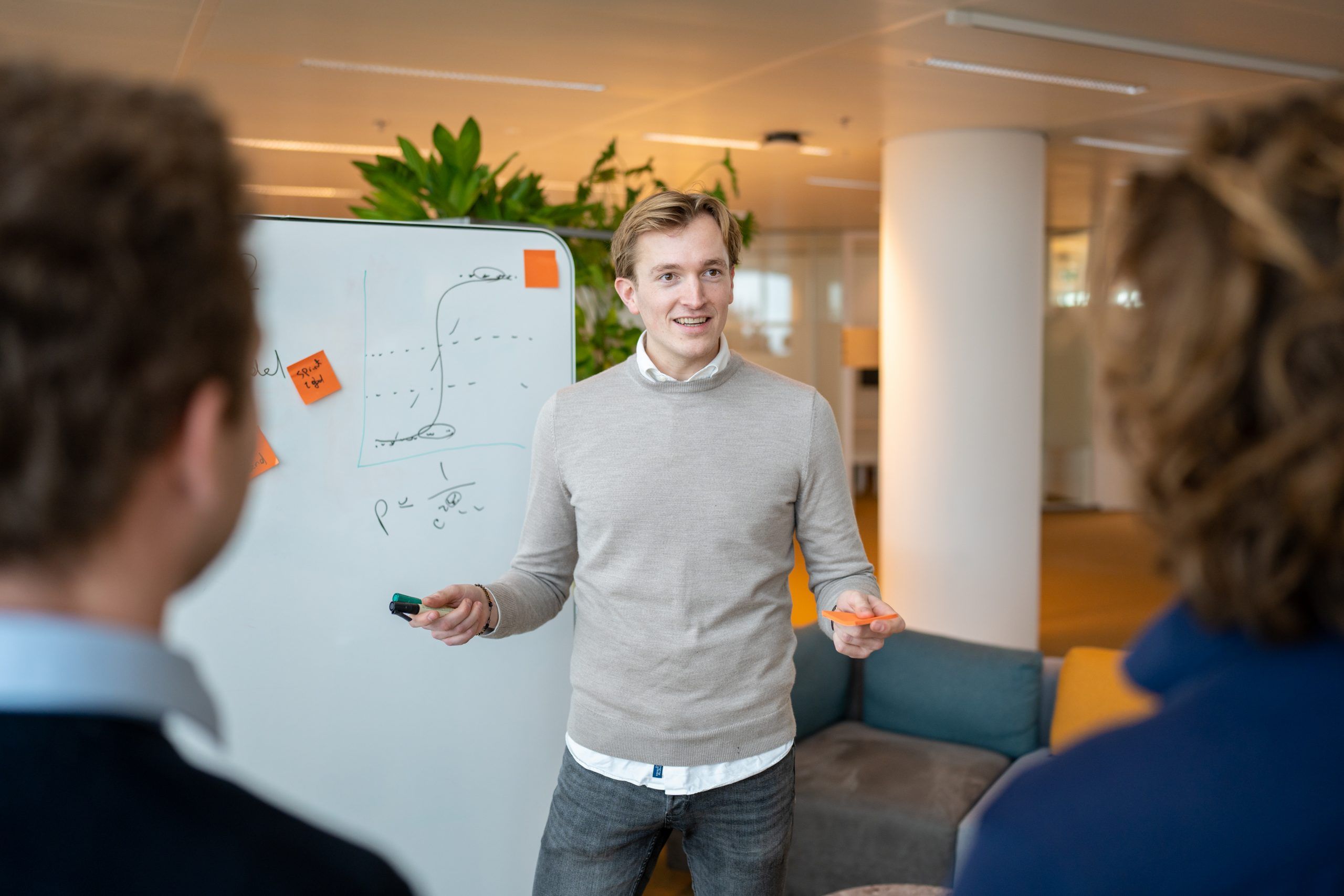 Jonge, mannelijke professional presenteert iets voor een whiteboard aan collega's