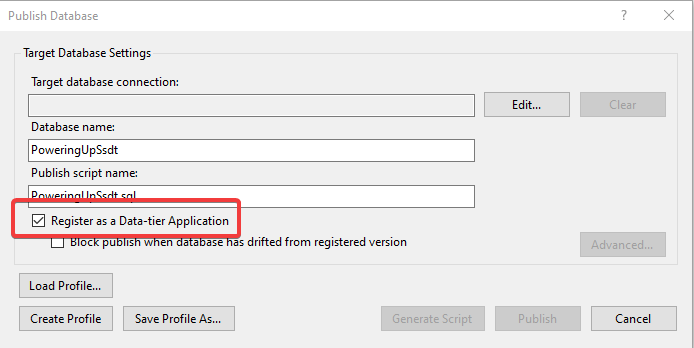 Figure 11: Register Data-Tier Application setting