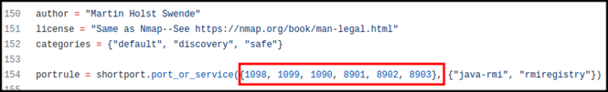 Figure 6. Nmap scanner source code (rmi-dumpregistry.nse file) with sample rmi registry network port numbers.