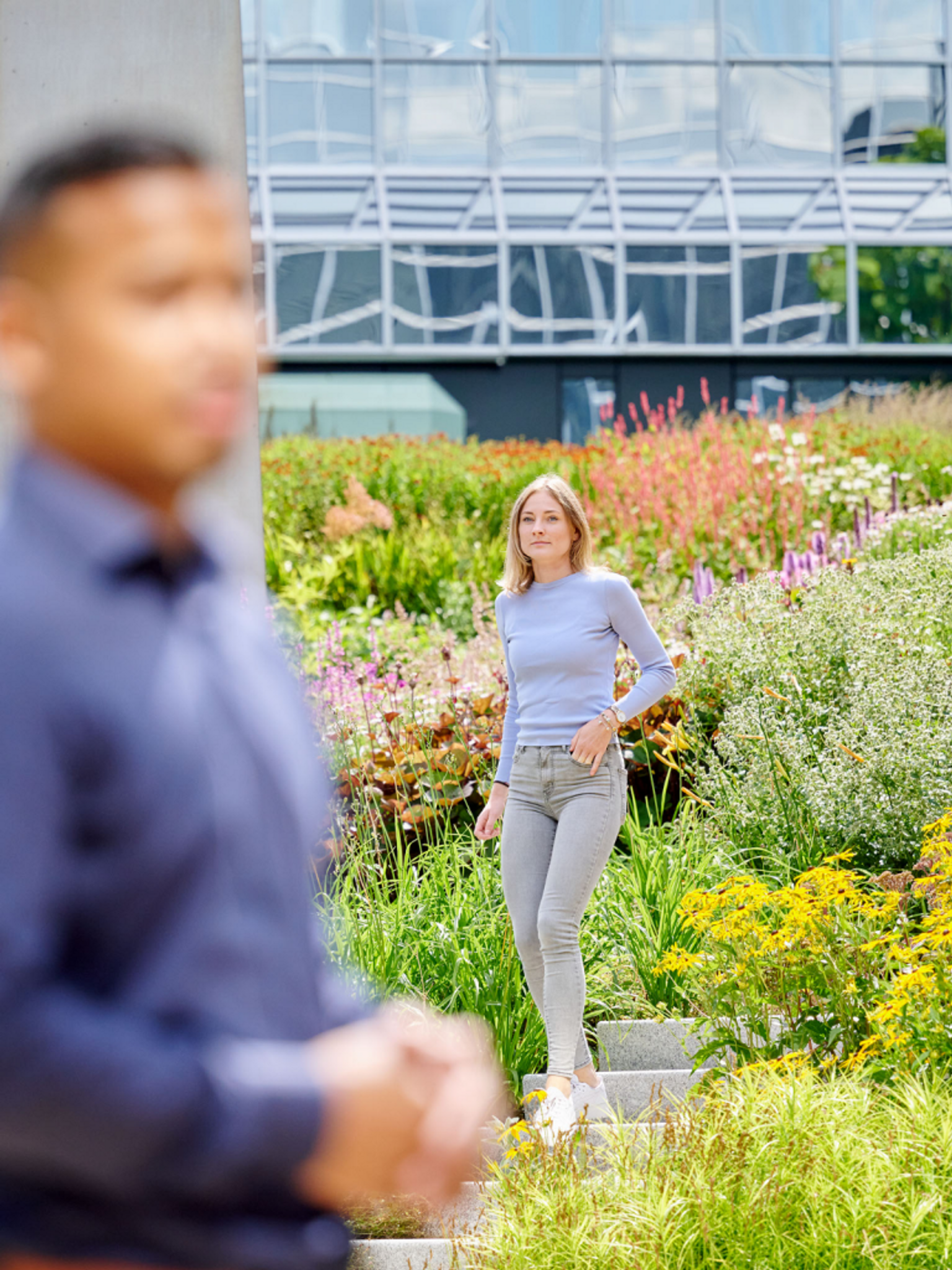 Nina in the garden at the office