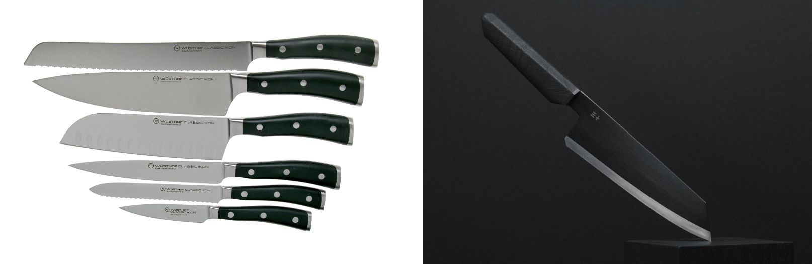 A German chef has a special knife for each purpose (left). A Japanese chef uses just one knife for everything (right). Source: Hinoki