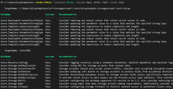 Screenshot showing Invoking PSRule from the PowerShell terminal