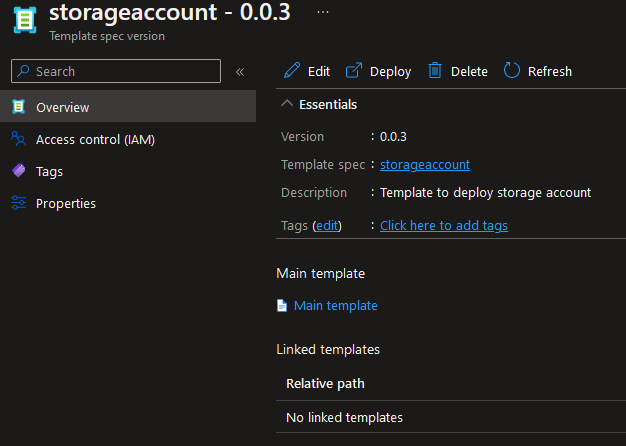 Figure 1: Template spec for storage account
