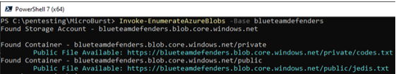 Figure 4. Output result from Invoke-EnumerateAzureBlobs to find public blob containers