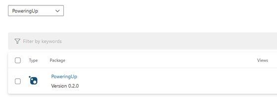 Screenshot showing the 'PoweringUp' version 0.2.0 package successfully published to Azure Artifact