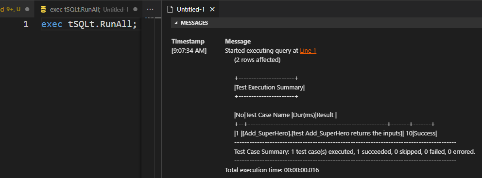 Running all tSQLt unit test again test database
