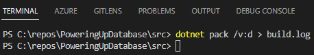 Figure 7: Dumping output to a file when running dotnet pack