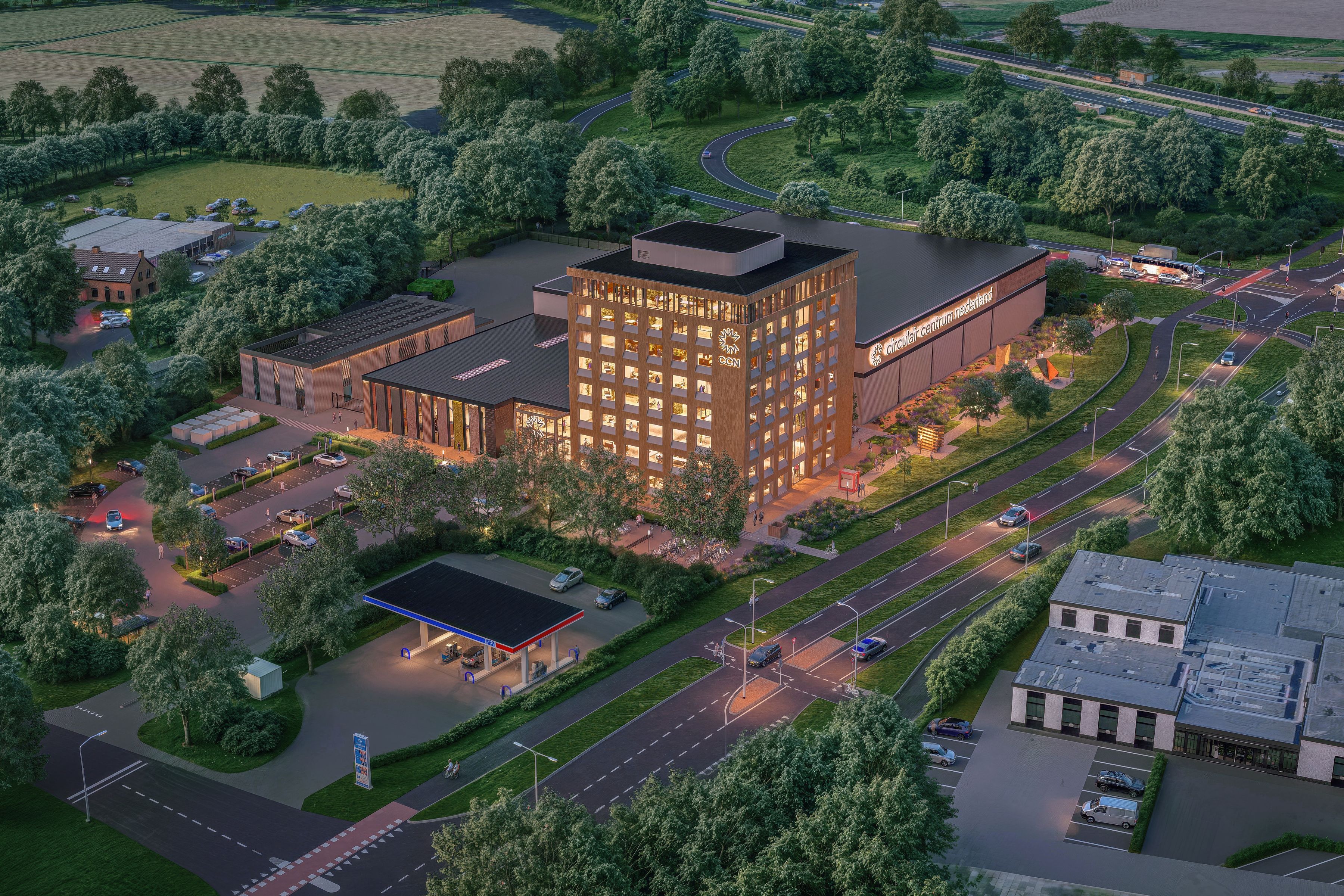 Het Circulair Centrum Nederland in Heerde in het avondlicht.