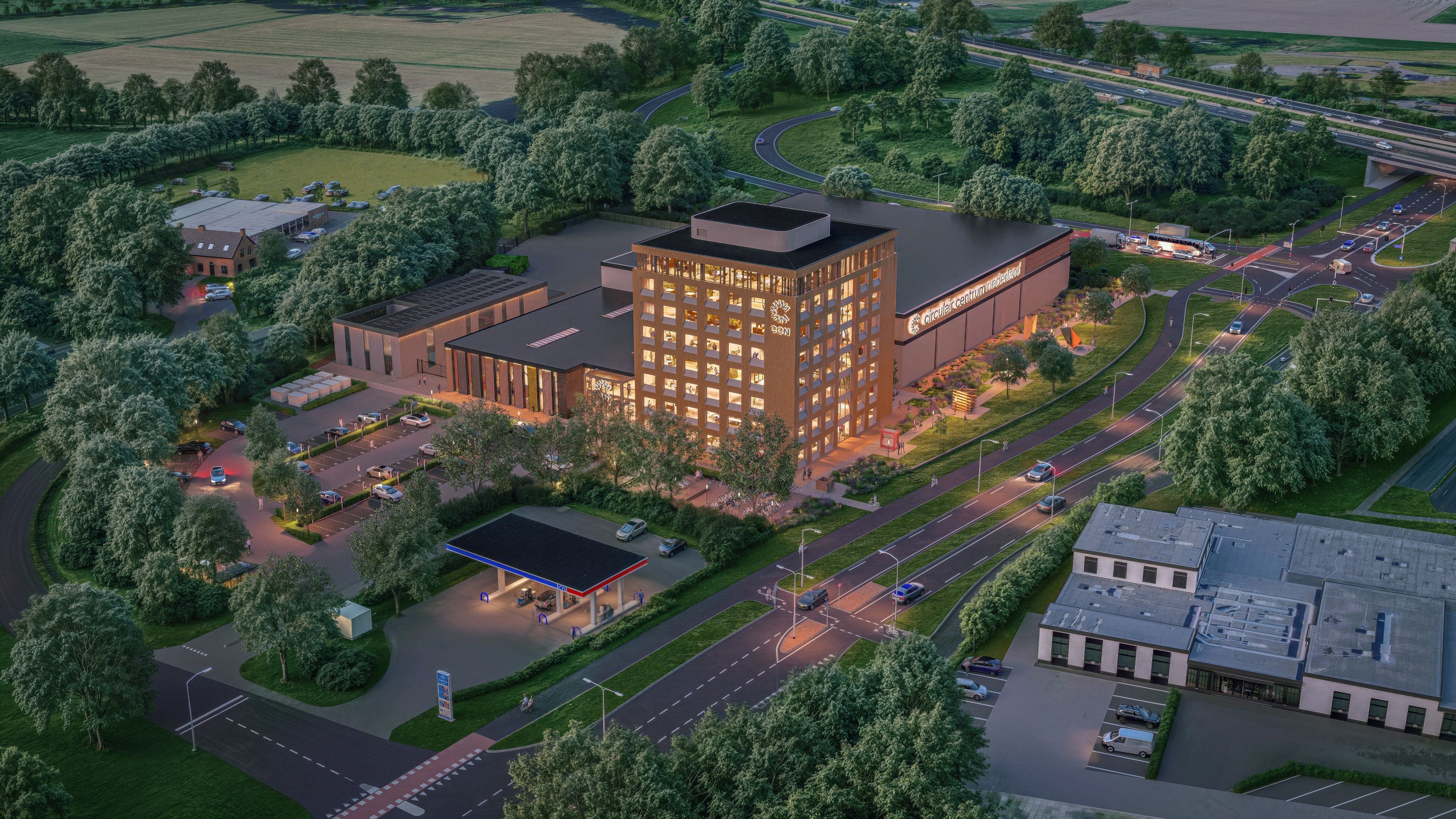 Het Circulair Centrum Nederland in Heerde in het avondlicht.