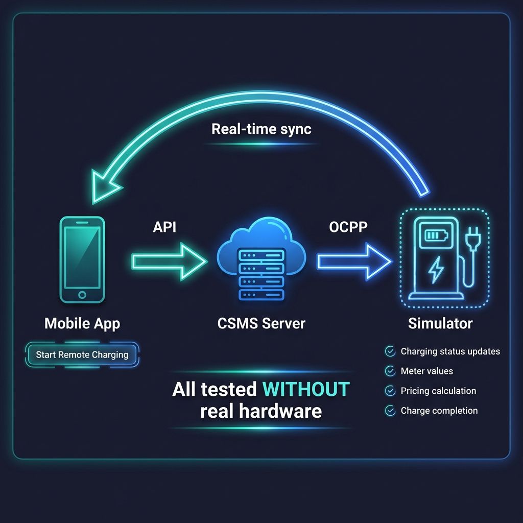 모바일 앱에서 CSMS를 거쳐 시뮬레이터까지 이어지는 통합 테스트 흐름도
