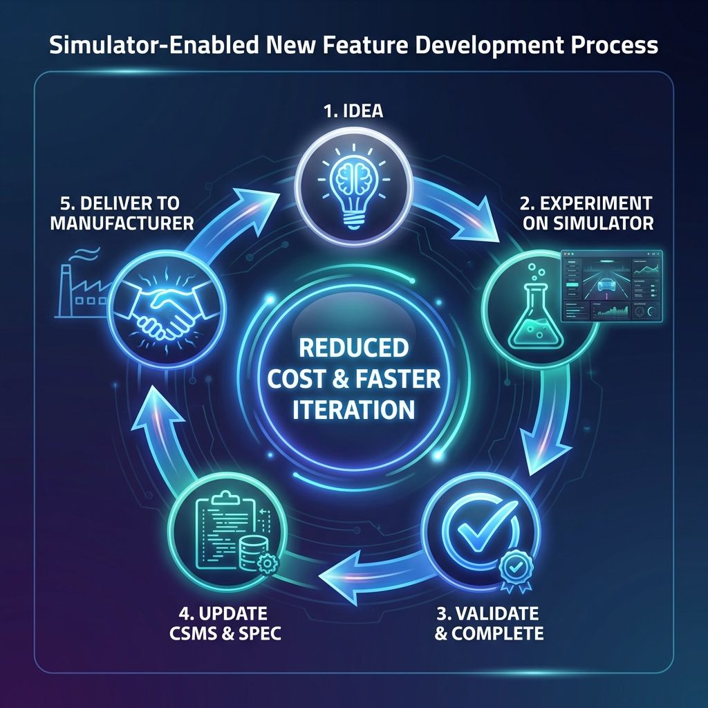 신규 기능 개발 프로세스: 아이디어 → 시뮬레이터 실험 → 검증 → CSMS 반영 → 제조사 제공