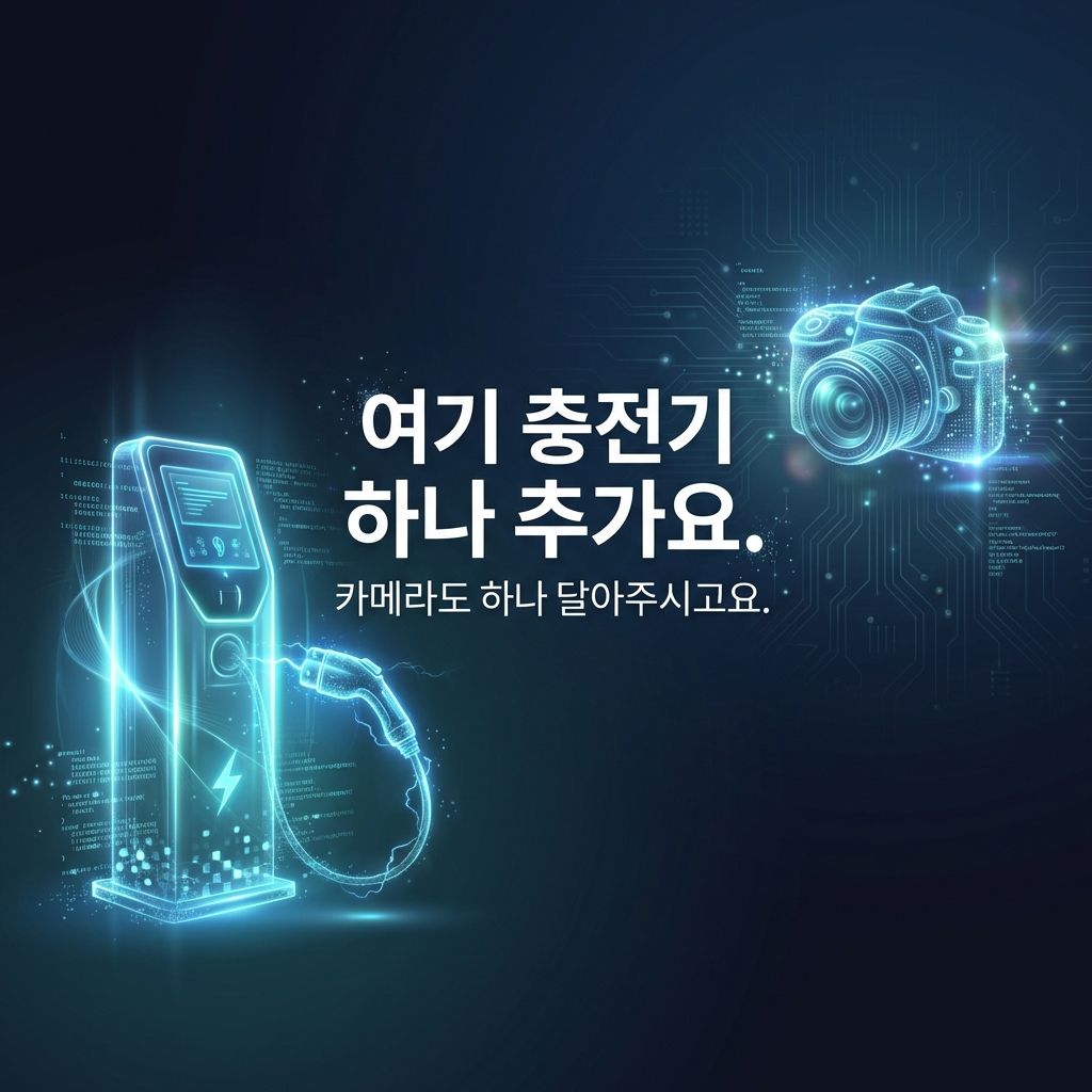 블로그 썸네일 - "여기 충전기 하나 추가요. 카메라도 하나 달아주시고요." 문구와 함께 디지털 홀로그램 형태의 EV 충전기와 카메라가 코드 파티클에서 생성되는 일러스트