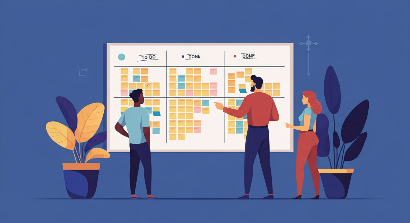 Zespół planujący sprint na tablicy Scrum z kolorowymi karteczkami