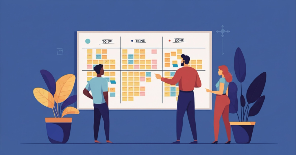 Zespół planujący sprint na tablicy Scrum z kolorowymi karteczkami