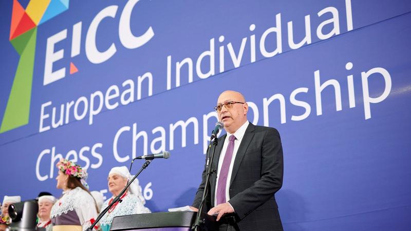 Le président de l'ECU, Zurab Azmaiparashvili, au Championnat d'Europe individuel d'échecs 2026 à Katowice.