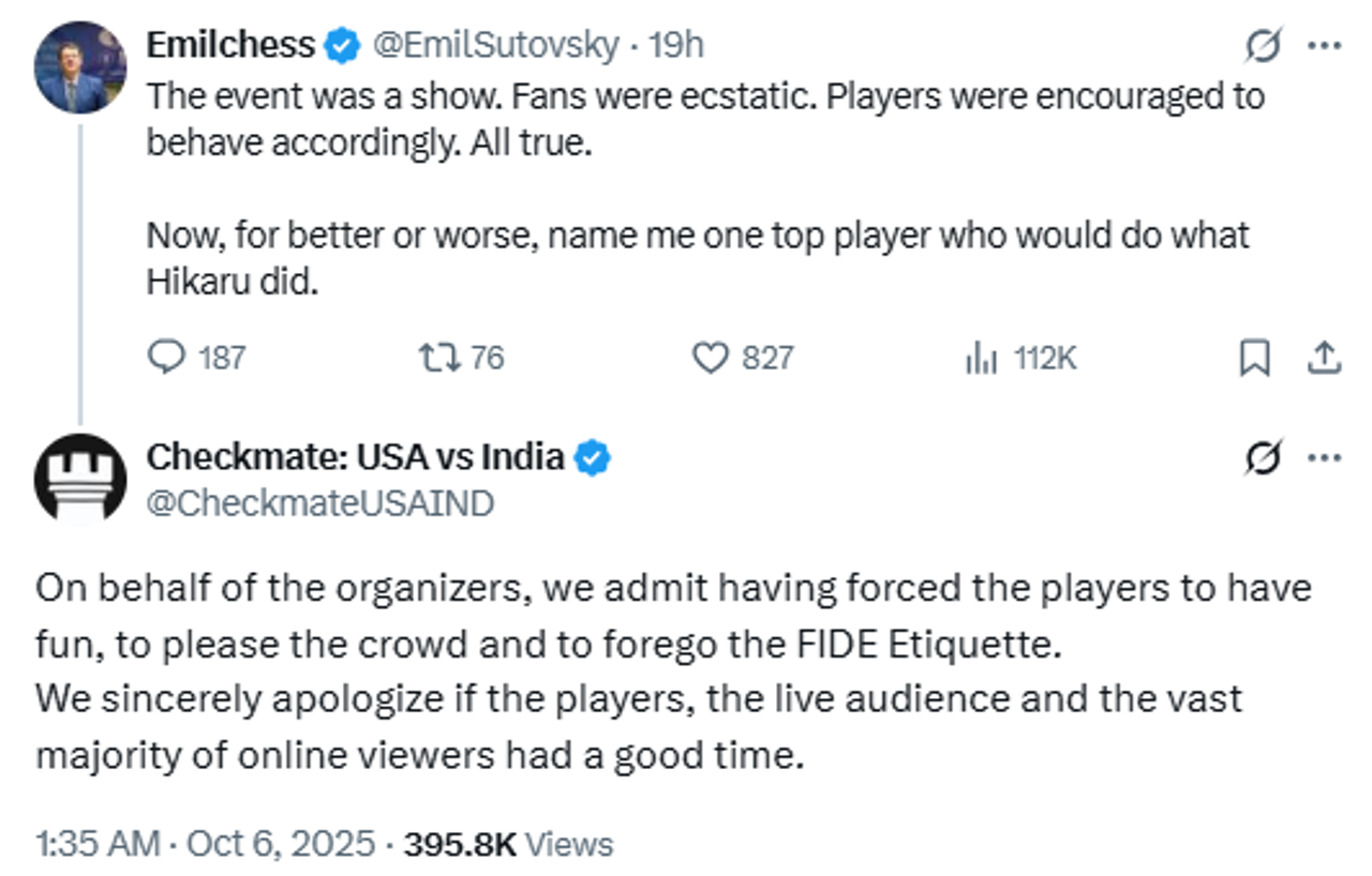 FIDE CEO Emil Sutovsky's comments on X.