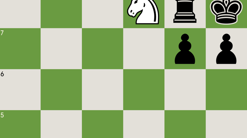 A classic smothered mate: the king is trapped in the corner by its own pawns and rook, while a knight delivers checkmate