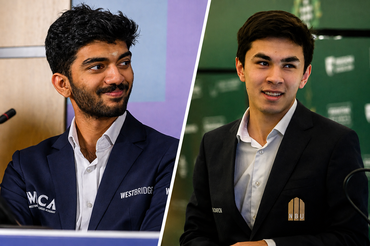 Gukesh and Sindarov face off in Geneva. Photo: Michal Walusza/FIDE.