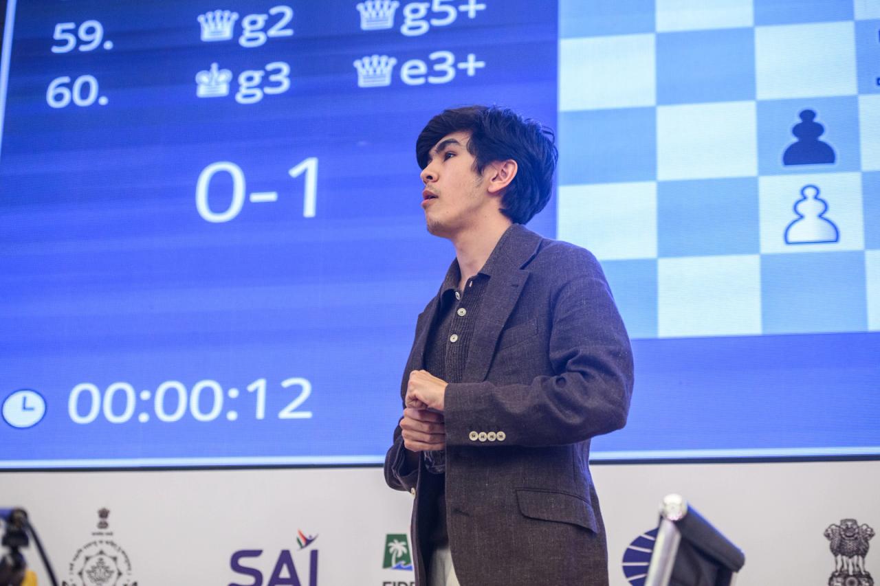 A victorious Sindarov can't believe he won. Photo: Michal Walusza/FIDE.