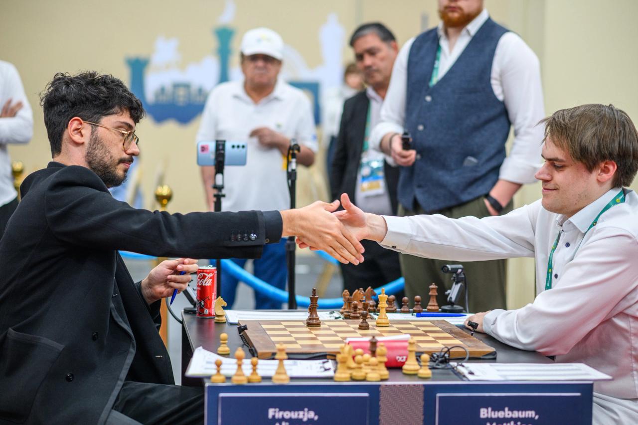 Bluebaum got a draw against GM Alireza Firouzja in the final round of the FIDE Grand Swiss to secure a trip to the Candidates. Photo: Michal Walusza/FIDE.